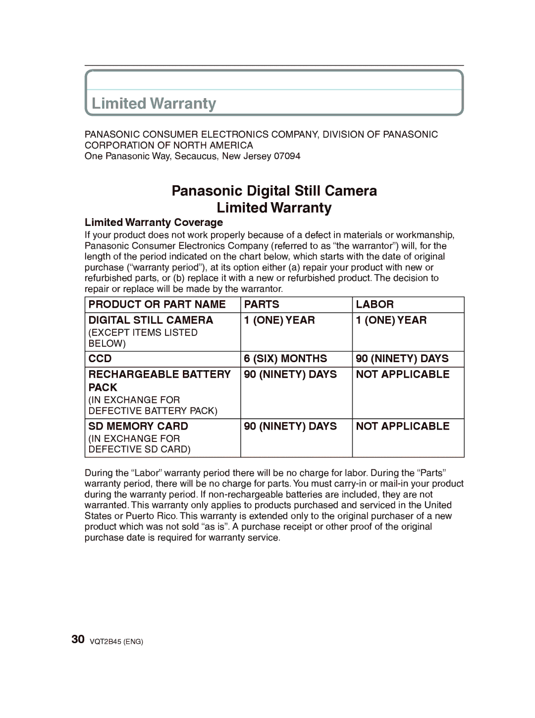 Panasonic DMC-FS42 operating instructions Limited Warranty Coverage 