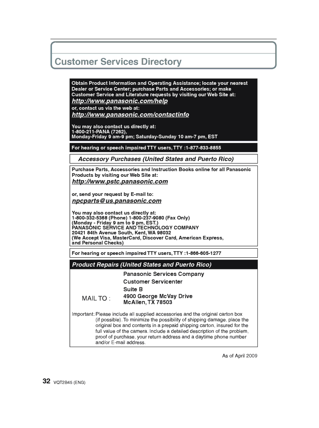 Panasonic DMC-FS42 operating instructions Customer Services Directory, Accessory Purchases United States and Puerto Rico 