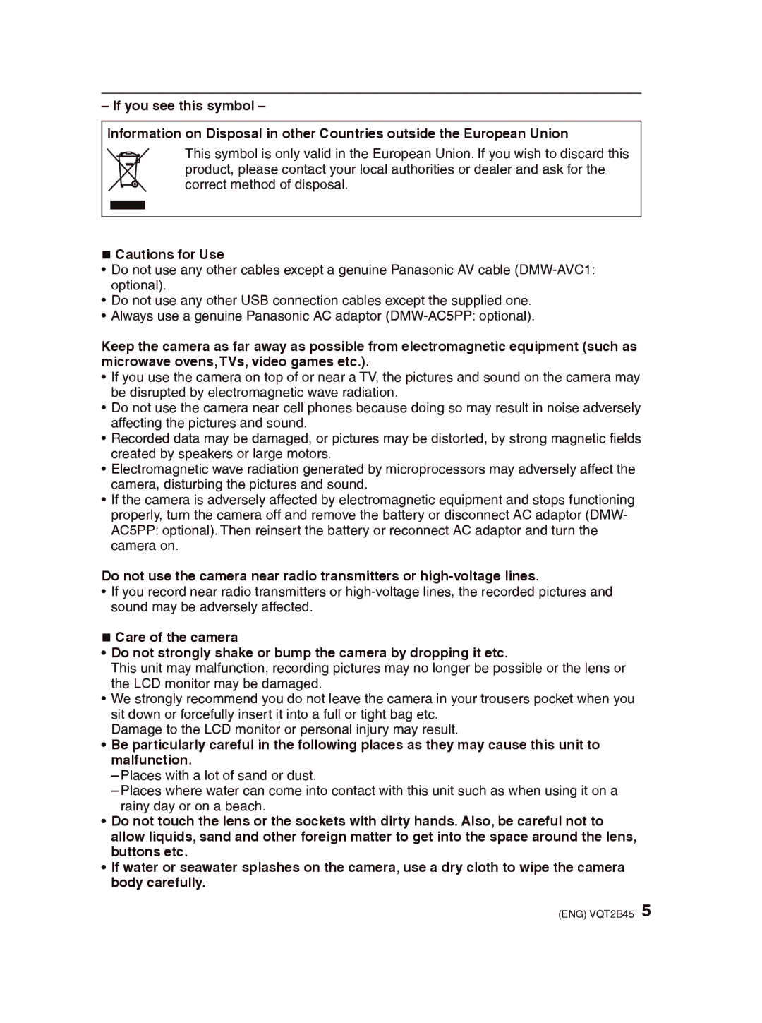 Panasonic DMC-FS42 operating instructions „ Cautions for Use 