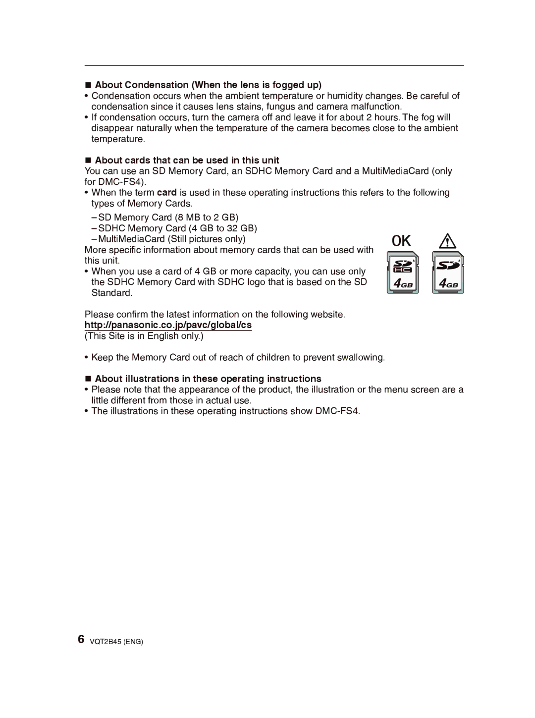 Panasonic DMC-FS42 „ About Condensation When the lens is fogged up, „ About cards that can be used in this unit 