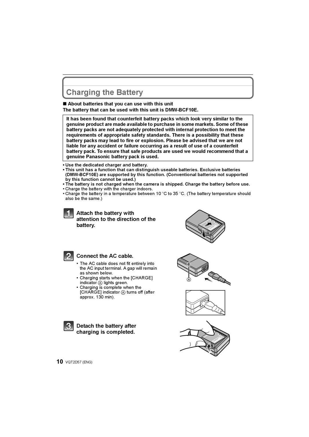 Panasonic DMC-FS62, DMC-FS12 operating instructions Charging the Battery, Detach the battery after charging is completed 