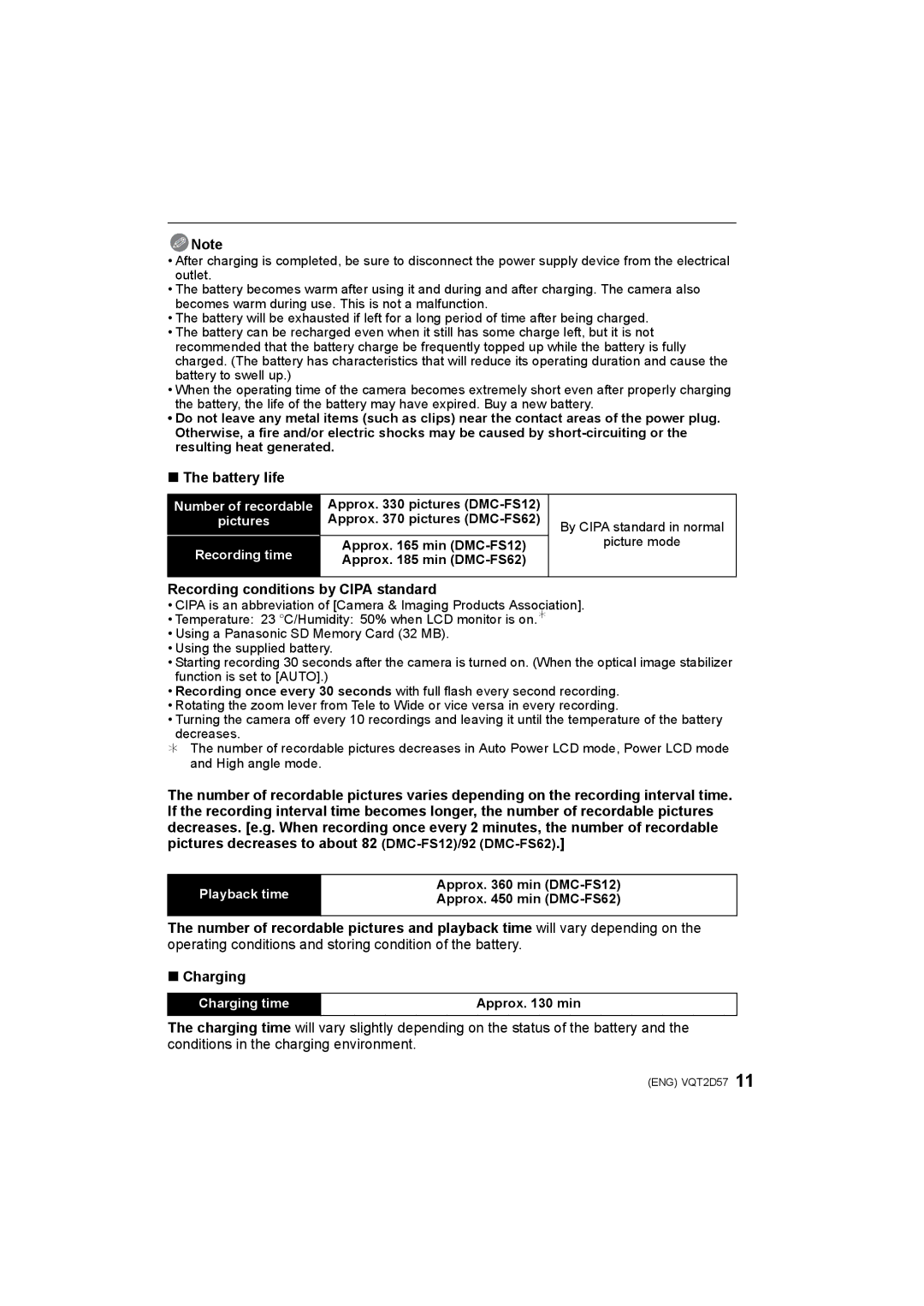 Panasonic DMC-FS12, DMC-FS62 operating instructions Battery life, Recording conditions by Cipa standard 