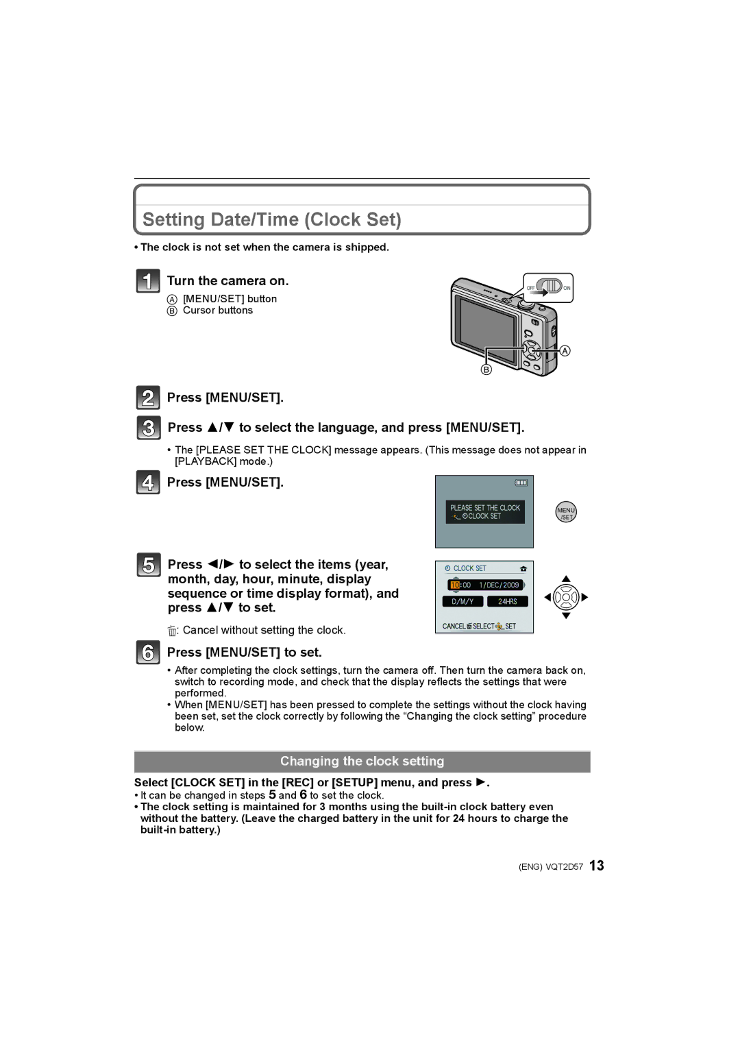 Panasonic DMC-FS12 Setting Date/Time Clock Set, Turn the camera on, Press MENU/SET to set, Changing the clock setting 