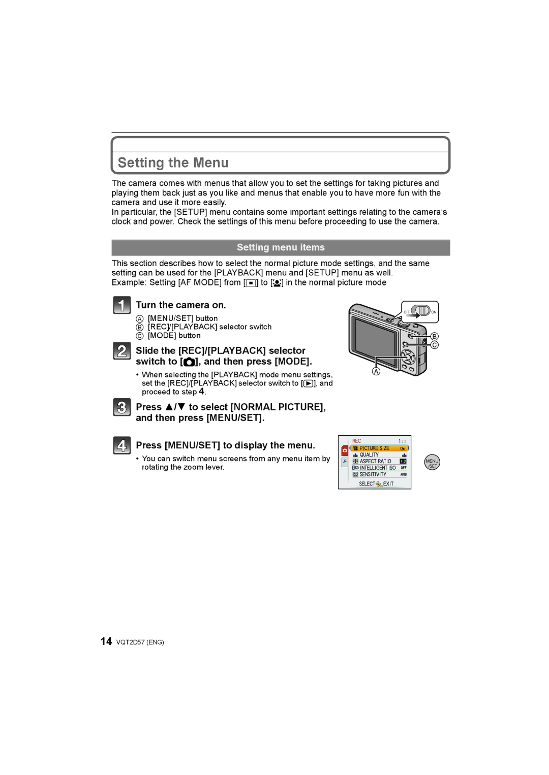 Panasonic DMC-FS62, DMC-FS12 operating instructions Setting the Menu, Setting menu items 