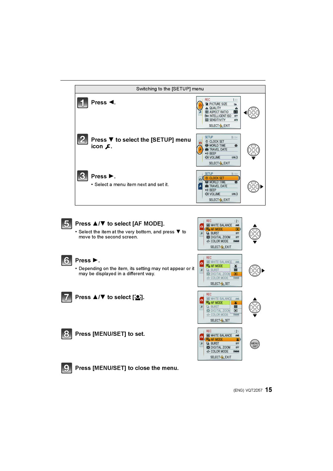 Panasonic DMC-FS12, DMC-FS62 operating instructions Press Press 4 to select the Setup menu icon, Press 3/4 to select AF Mode 