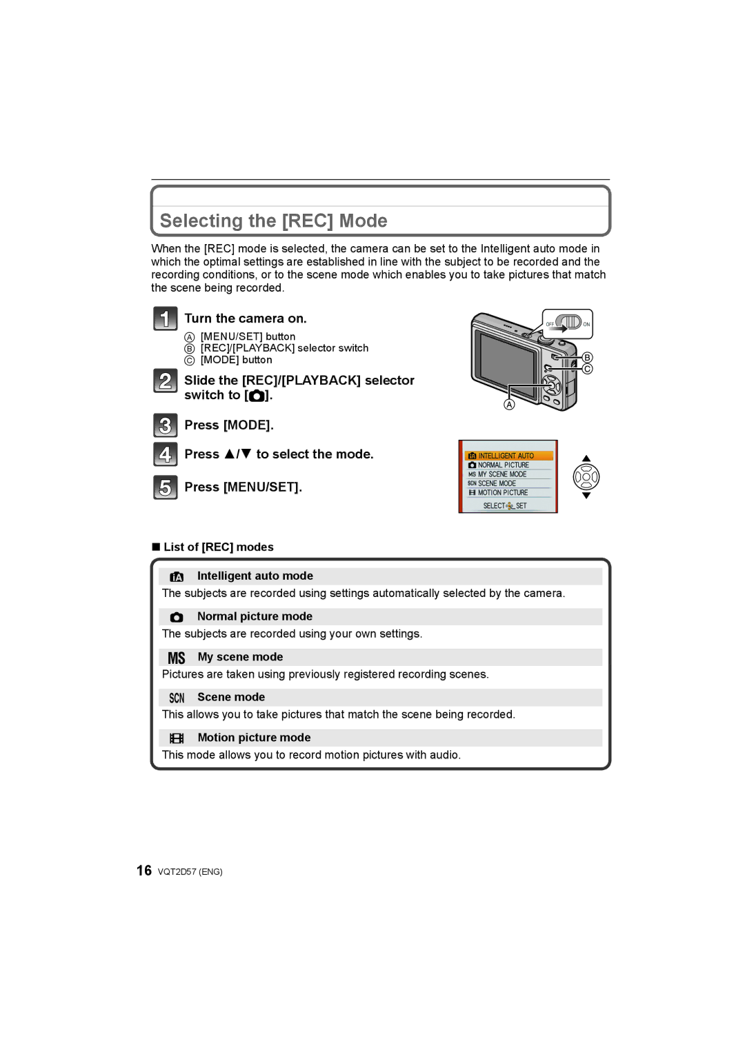 Panasonic DMC-FS62, DMC-FS12 operating instructions Selecting the REC Mode 