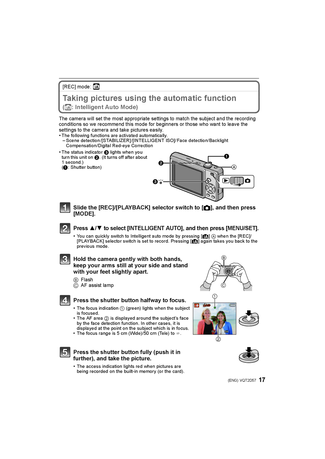 Panasonic DMC-FS12 Taking pictures using the automatic function, Press the shutter button halfway to focus, REC mode ñ 