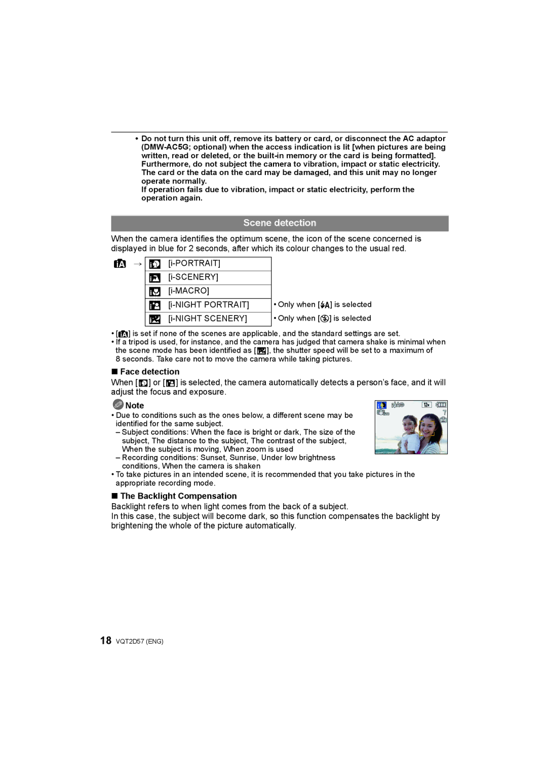 Panasonic DMC-FS62, DMC-FS12 Scene detection, Portrait Scenery Macro Night Portrait Night Scenery, Face detection 