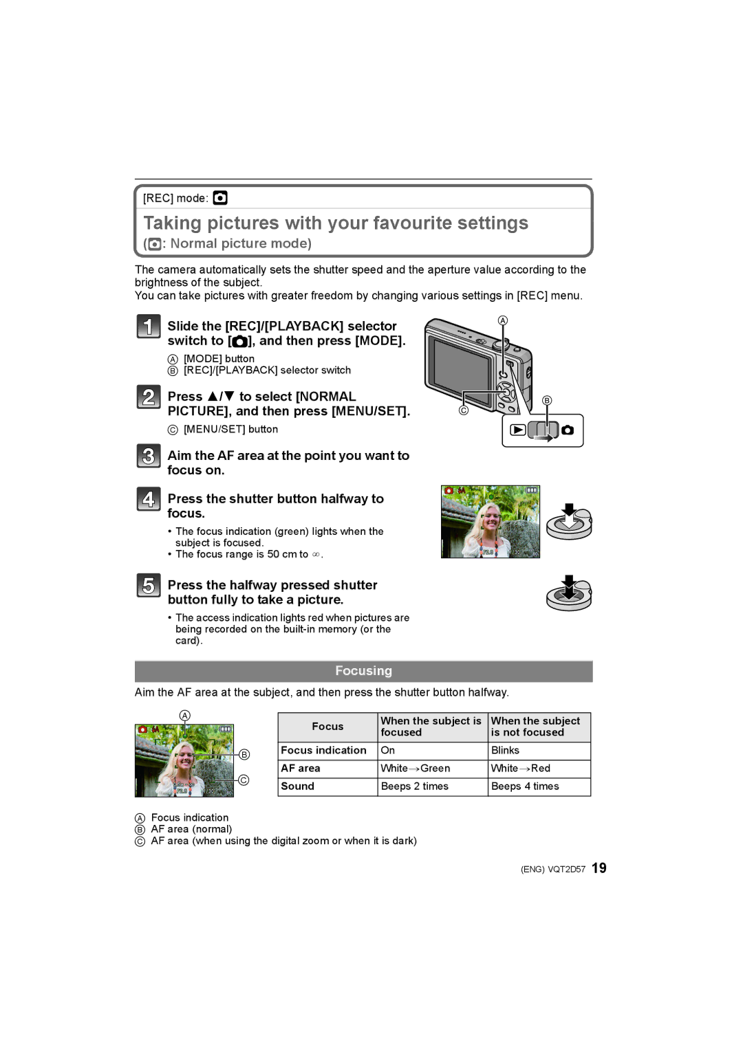 Panasonic DMC-FS12, DMC-FS62 operating instructions Taking pictures with your favourite settings, Focusing, REC mode · 