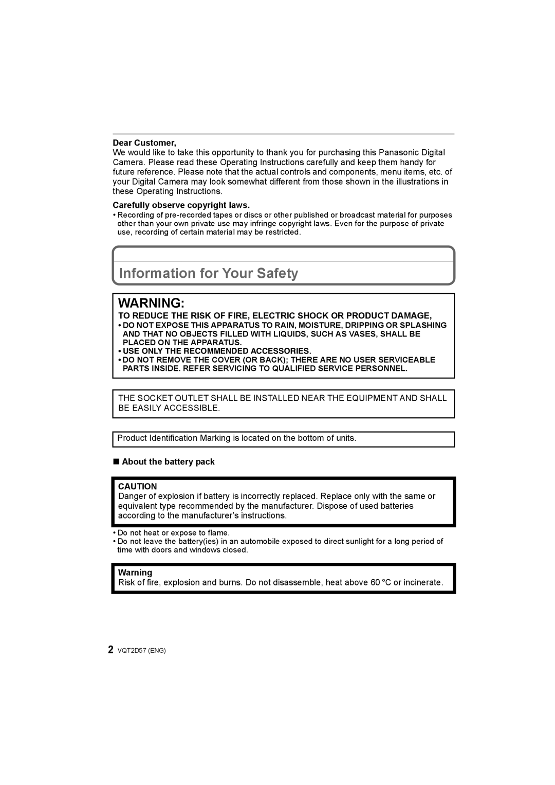 Panasonic DMC-FS62 Information for Your Safety, Dear Customer, Carefully observe copyright laws, About the battery pack 