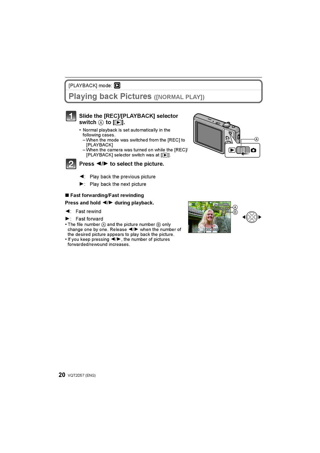 Panasonic DMC-FS62, DMC-FS12 Playing back Pictures Normal Play, Slide the REC/PLAYBACK selector switch a to 