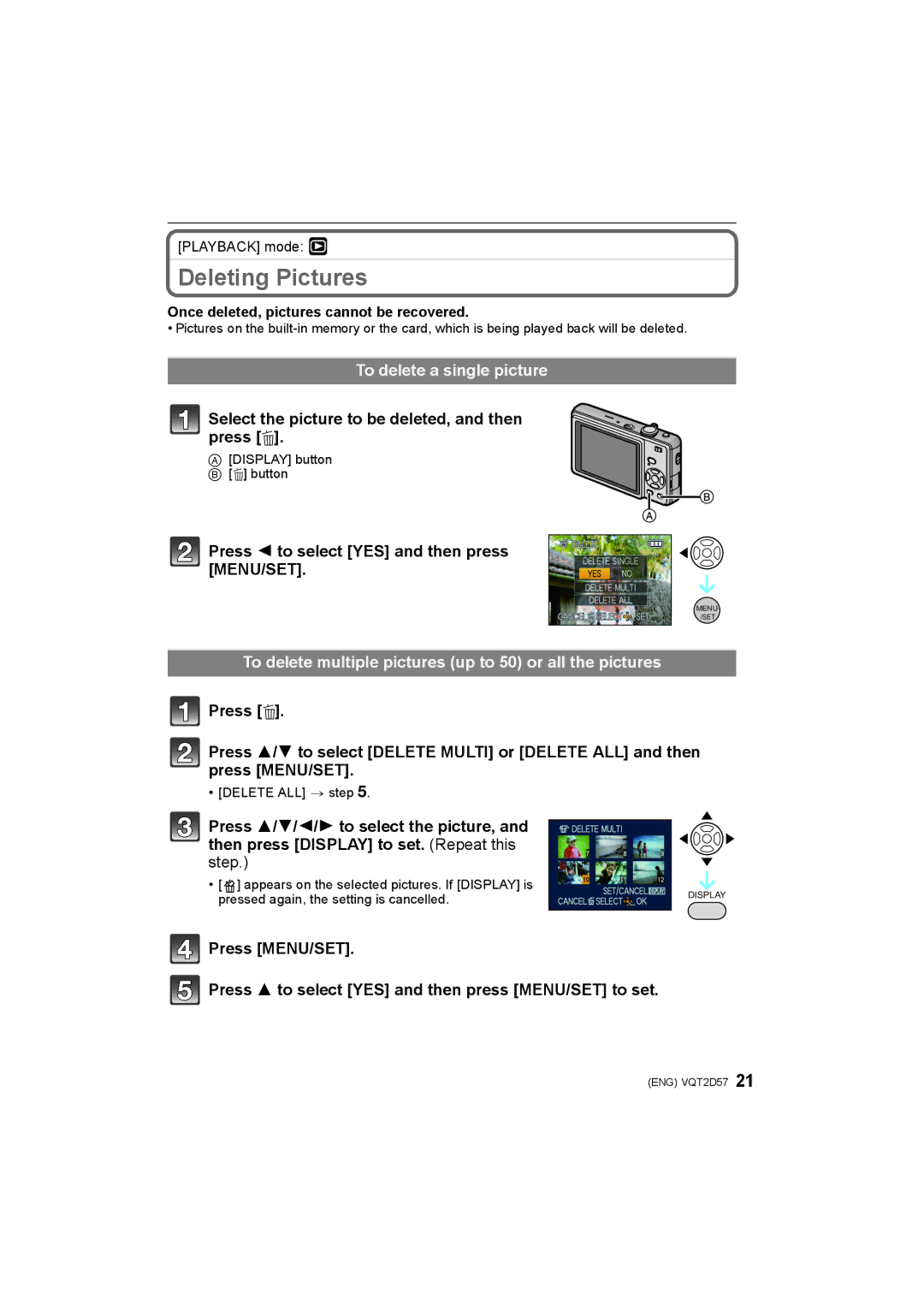 Panasonic DMC-FS12 Deleting Pictures, To delete a single picture, Select the picture to be deleted, and then press ‚ 