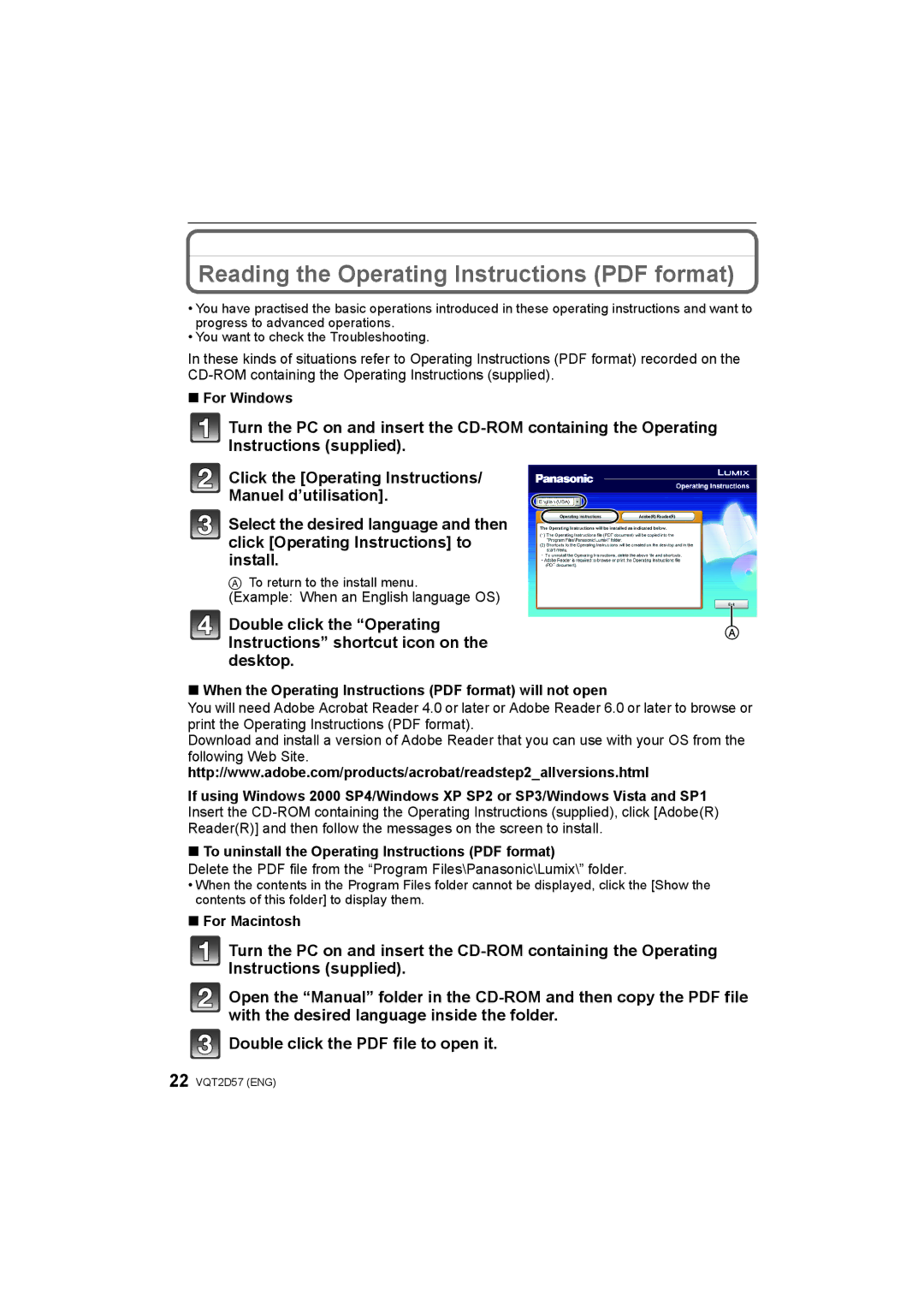 Panasonic DMC-FS62, DMC-FS12 operating instructions For Windows, Example When an English language OS, For Macintosh 