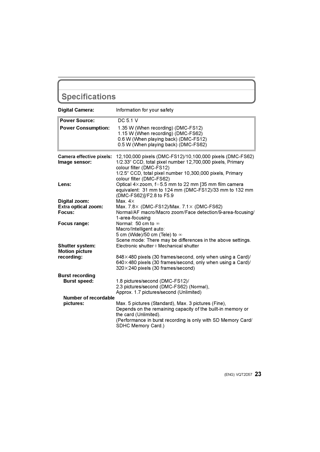 Panasonic DMC-FS12, DMC-FS62 operating instructions Specifications 