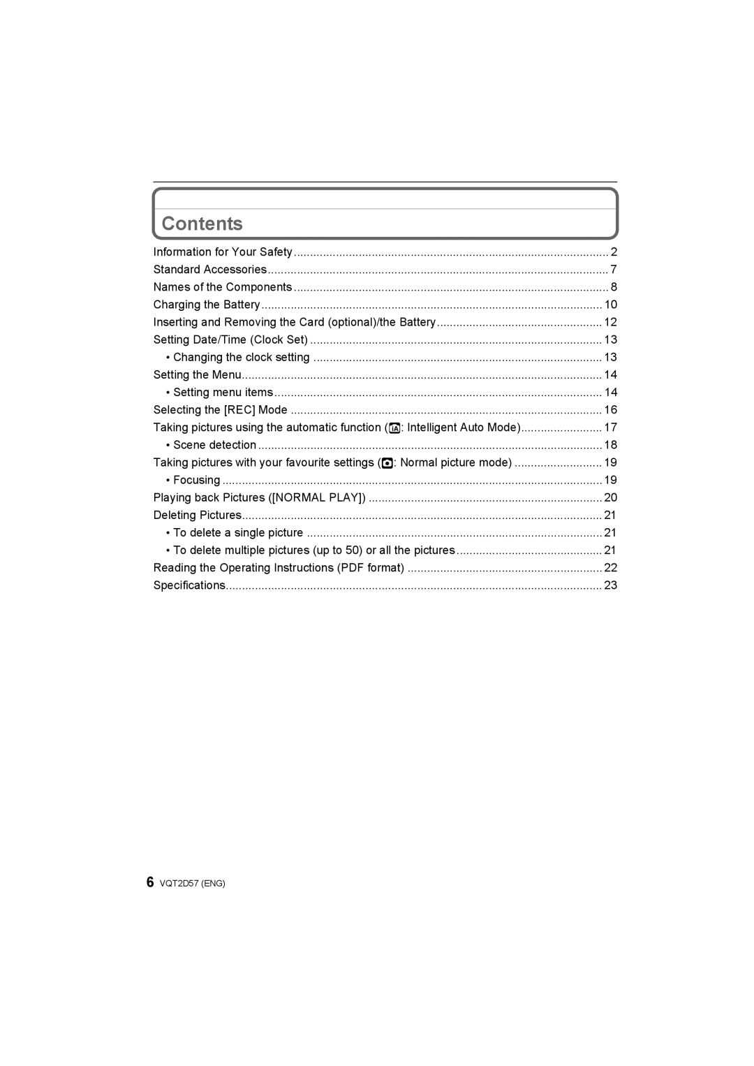 Panasonic DMC-FS62, DMC-FS12 operating instructions Contents 