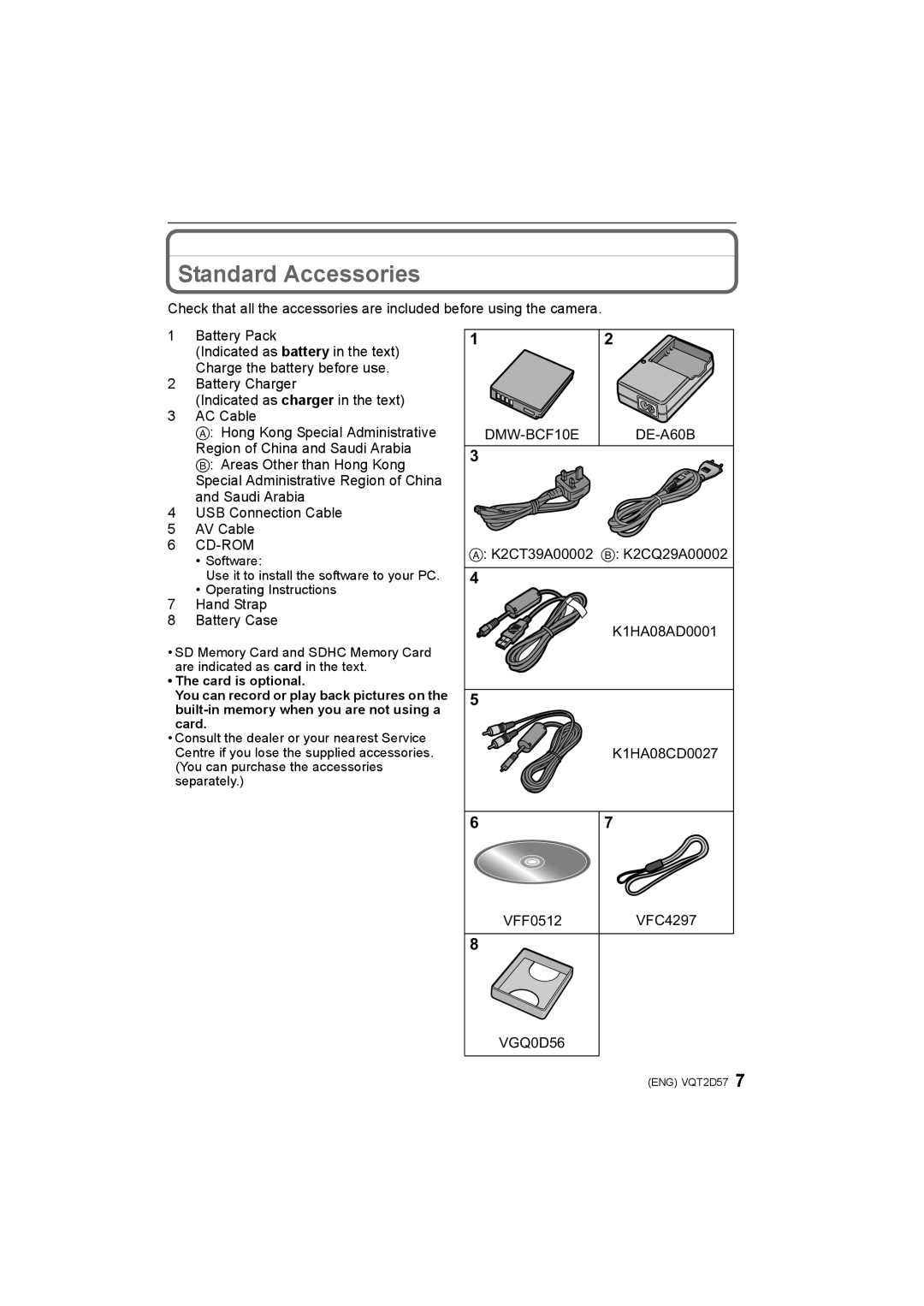 Panasonic DMC-FS12, DMC-FS62 operating instructions Standard Accessories 