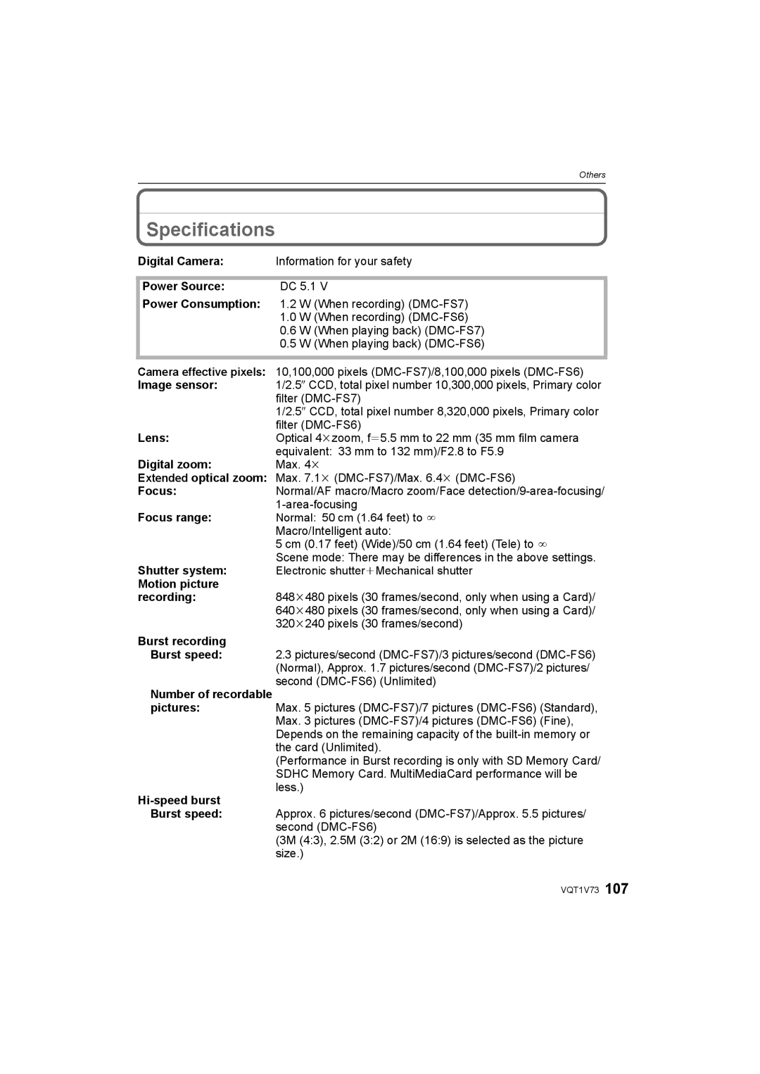 Panasonic DMC-FS8S, DMC-FS7 operating instructions Specifications 