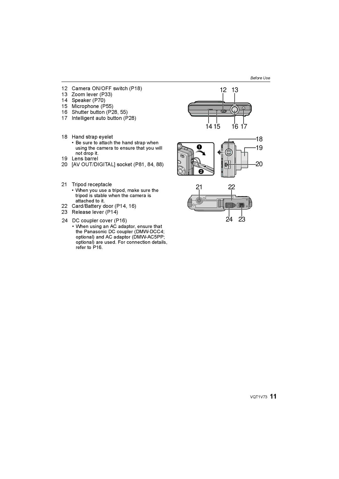 Panasonic DMC-FS8S, DMC-FS7 operating instructions Lens barrel AV OUT/DIGITAL socket P81, 84 Tripod receptacle 