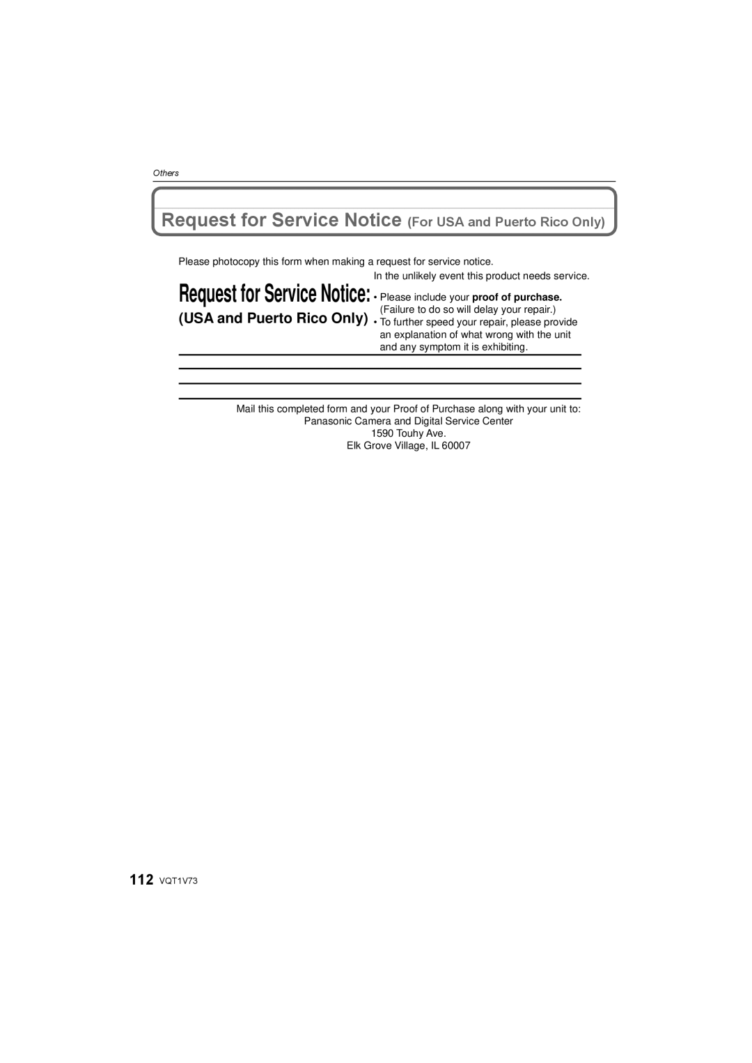 Panasonic DMC-FS7, DMC-FS8S operating instructions Request for Service Notice For USA and Puerto Rico Only 