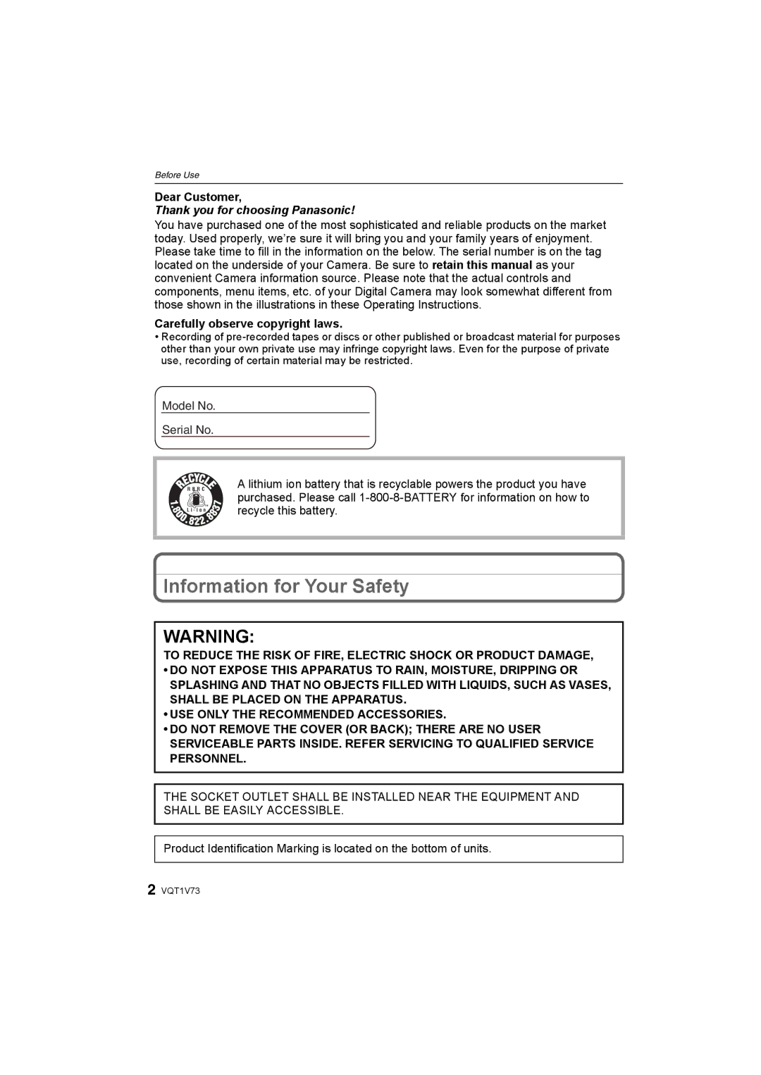 Panasonic DMC-FS7, DMC-FS8S Information for Your Safety, Dear Customer, Carefully observe copyright laws 