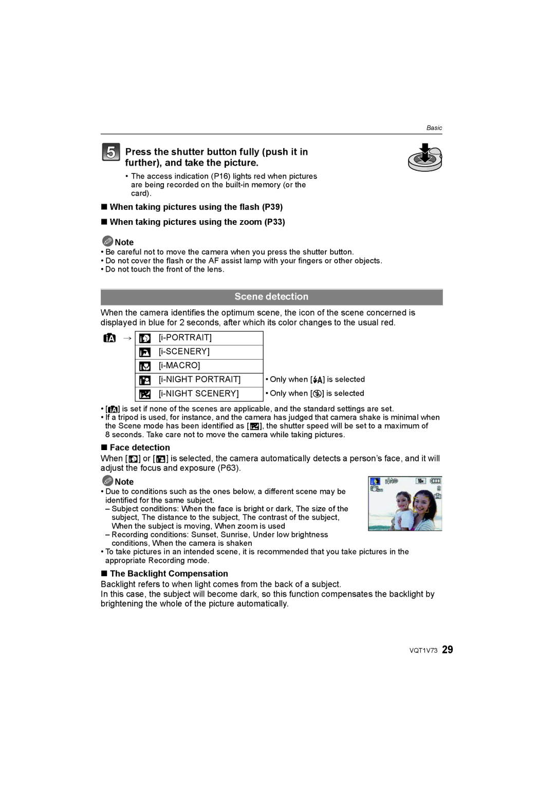 Panasonic DMC-FS8S, DMC-FS7 operating instructions Scene detection, Face detection, Backlight Compensation 