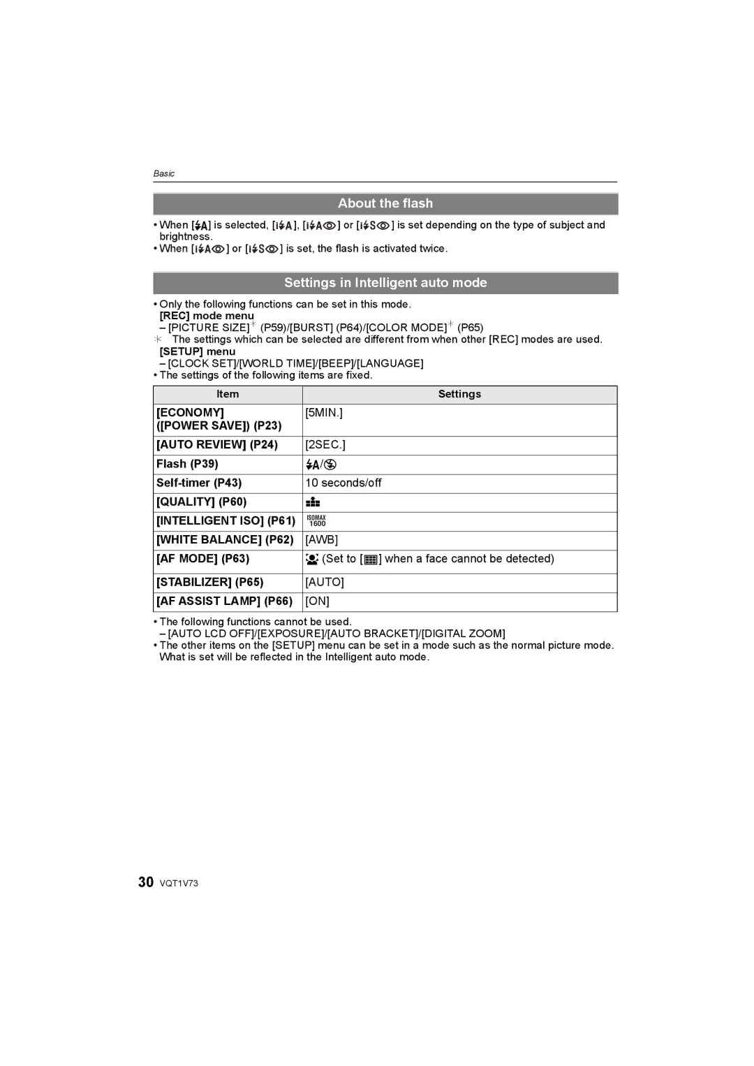 Panasonic DMC-FS7, DMC-FS8S operating instructions About the flash, Settings in Intelligent auto mode 