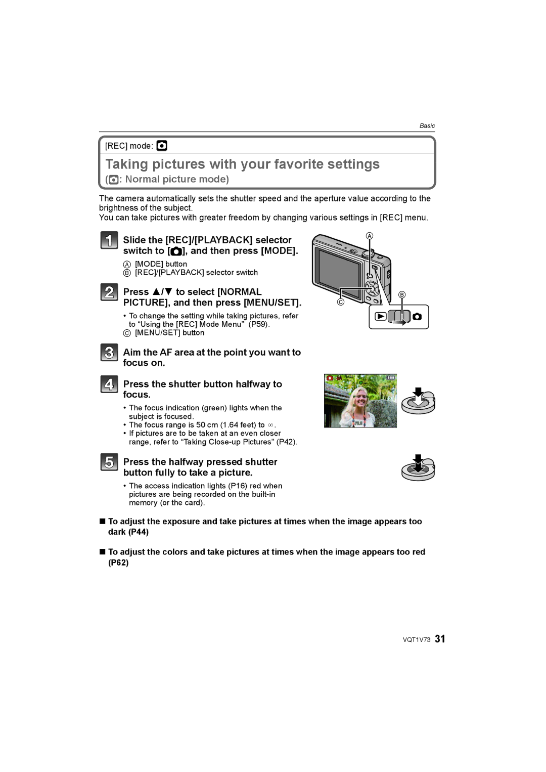 Panasonic DMC-FS8S Taking pictures with your favorite settings, REC mode ·, Mode button REC/PLAYBACK selector switch 