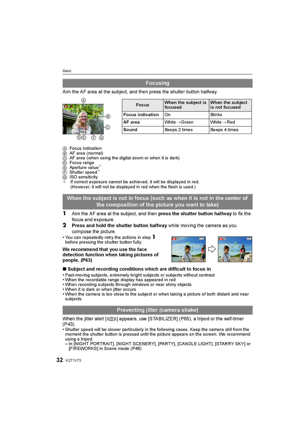 Panasonic DMC-FS7, DMC-FS8S operating instructions Focusing, Preventing jitter camera shake, Compose the picture 