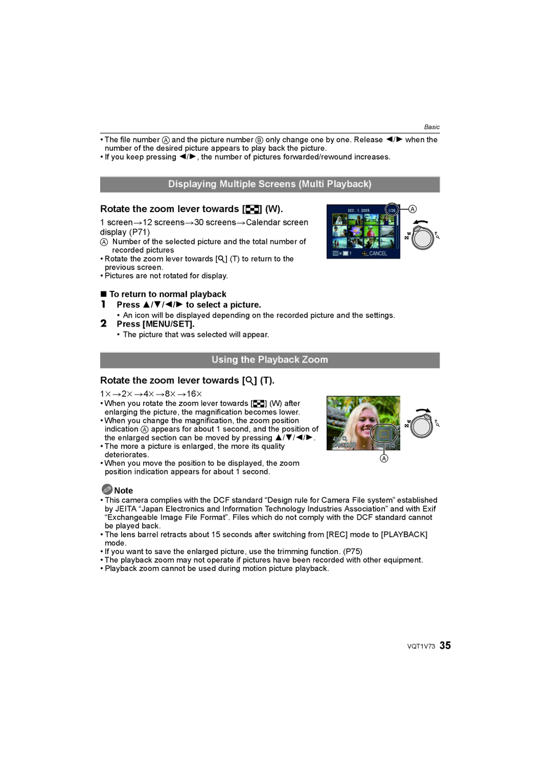 Panasonic DMC-FS8S Displaying Multiple Screens Multi Playback, Rotate the zoom lever towards L W, Using the Playback Zoom 