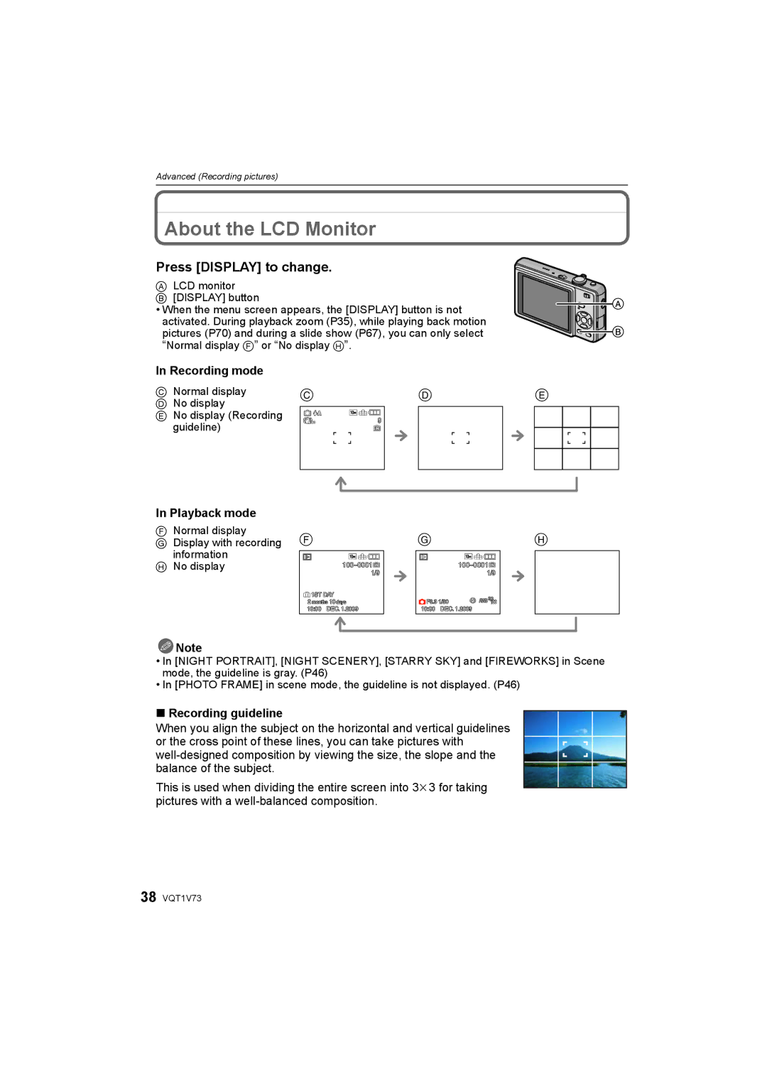 Panasonic DMC-FS7 About the LCD Monitor, Press Display to change, Recording mode, Playback mode, Recording guideline 