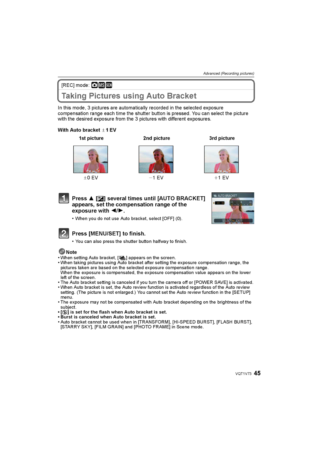 Panasonic DMC-FS8S Taking Pictures using Auto Bracket, REC mode · ¿, With Auto bracket d1 EV 1st picture 2nd picture 