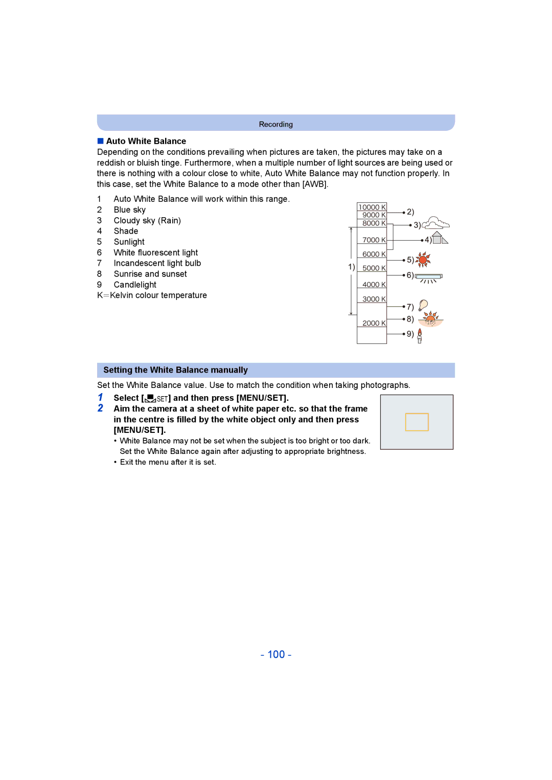 Panasonic DMC-FT5/DMC-TS5 operating instructions 100, Auto White Balance, Setting the White Balance manually 