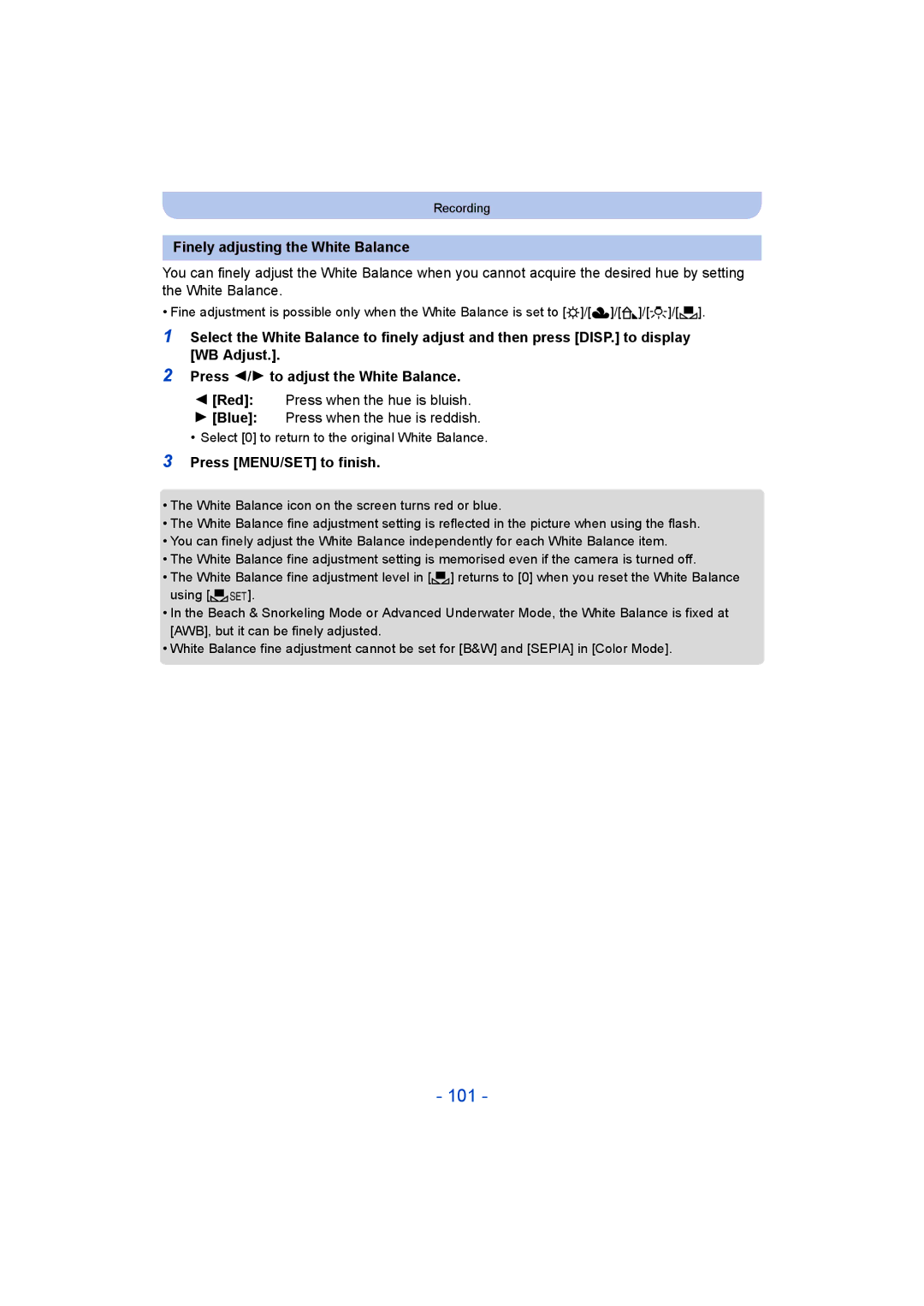 Panasonic DMC-FT5/DMC-TS5 operating instructions 101, Finely adjusting the White Balance, Press MENU/SET to finish 