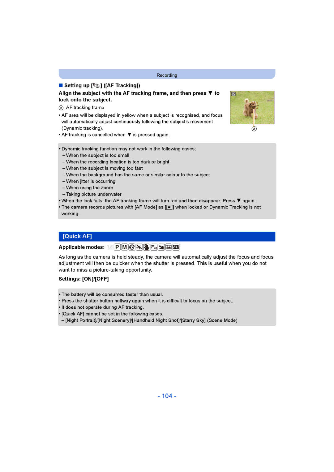 Panasonic DMC-FT5/DMC-TS5 operating instructions 104, Quick AF, Settings ON/OFF 