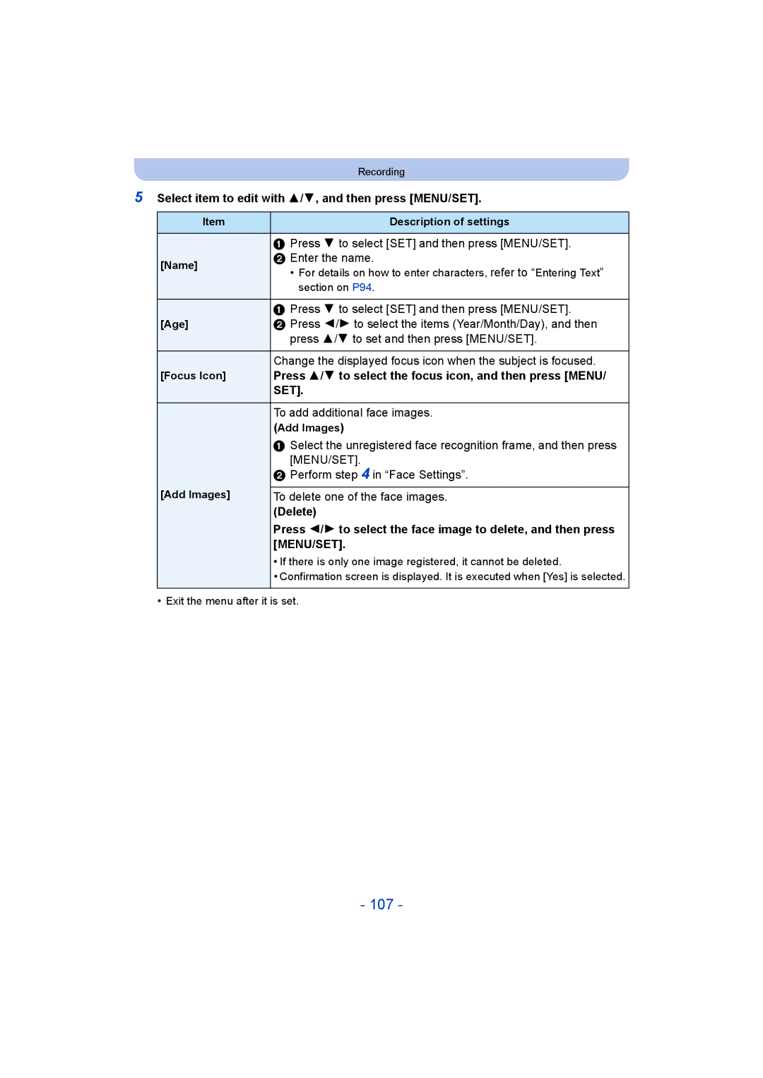 Panasonic DMC-FT5/DMC-TS5 operating instructions 107, Select item to edit with 3/4, and then press MENU/SET, Delete 