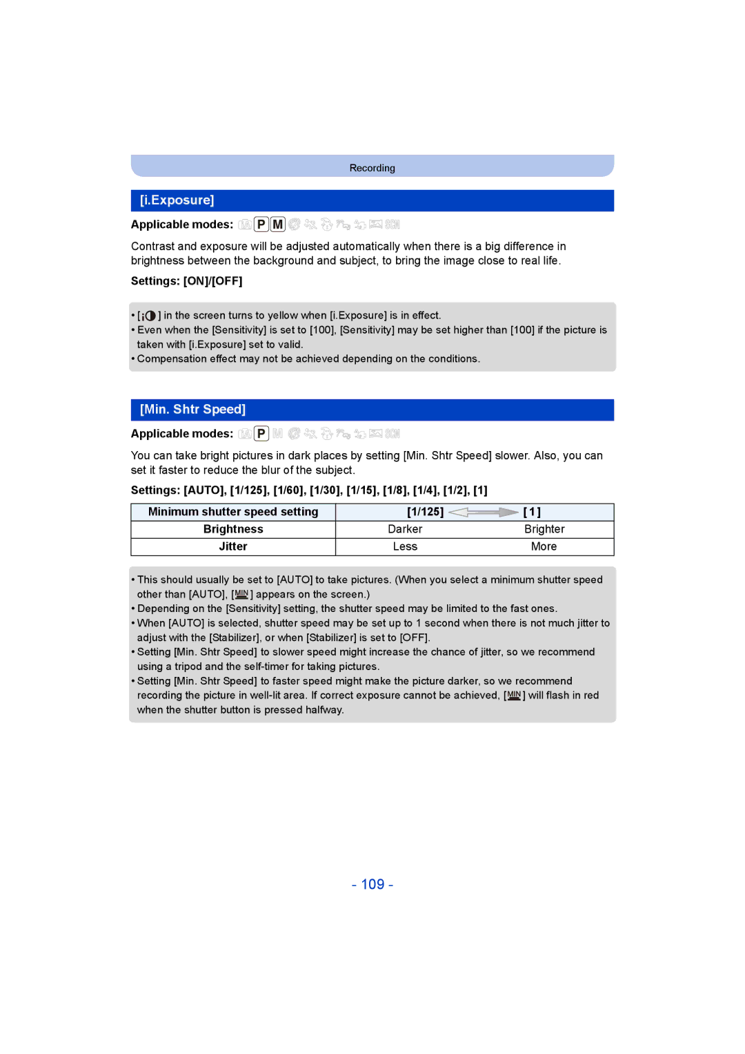 Panasonic DMC-FT5/DMC-TS5 operating instructions 109, Exposure, Min. Shtr Speed 