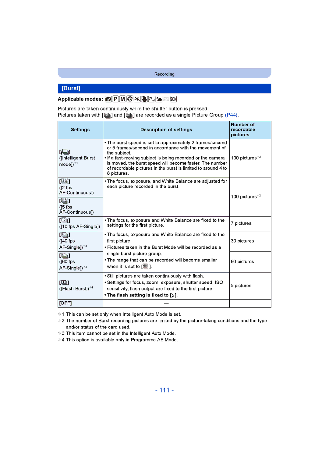 Panasonic DMC-FT5/DMC-TS5 operating instructions 111, Burst, Settings Description of settings Number Recordable Pictures 