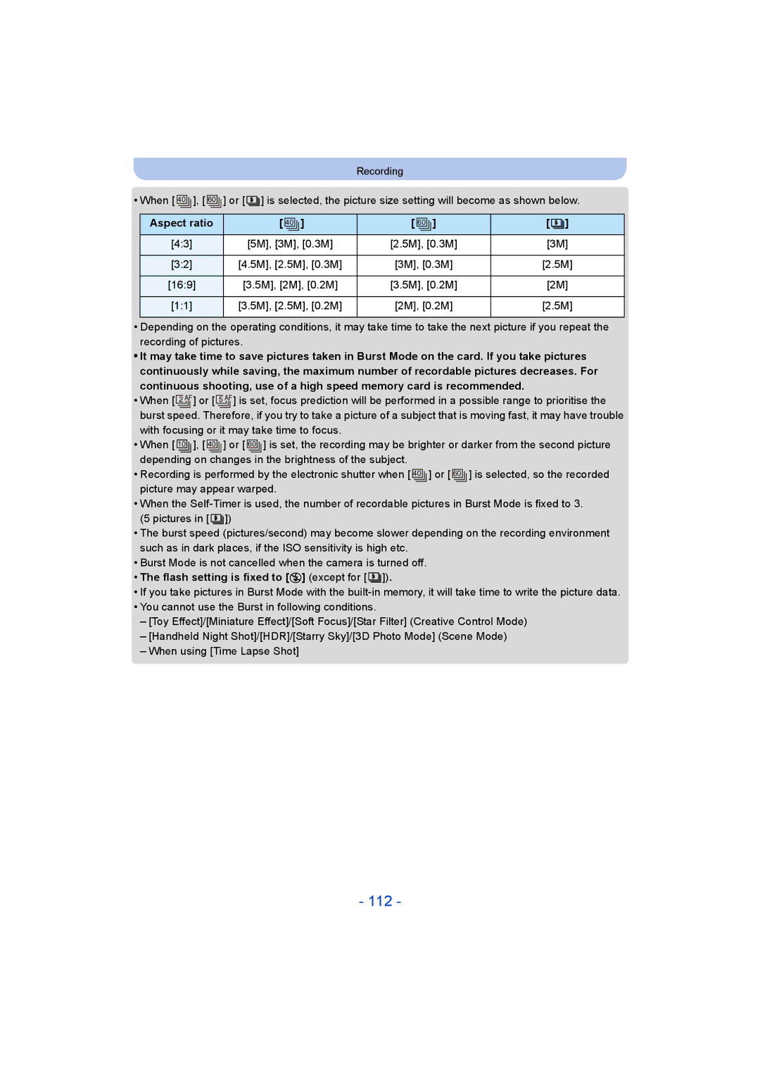 Panasonic DMC-FT5/DMC-TS5 operating instructions 112, Aspect ratio, Flash setting is fixed to Œ except for 