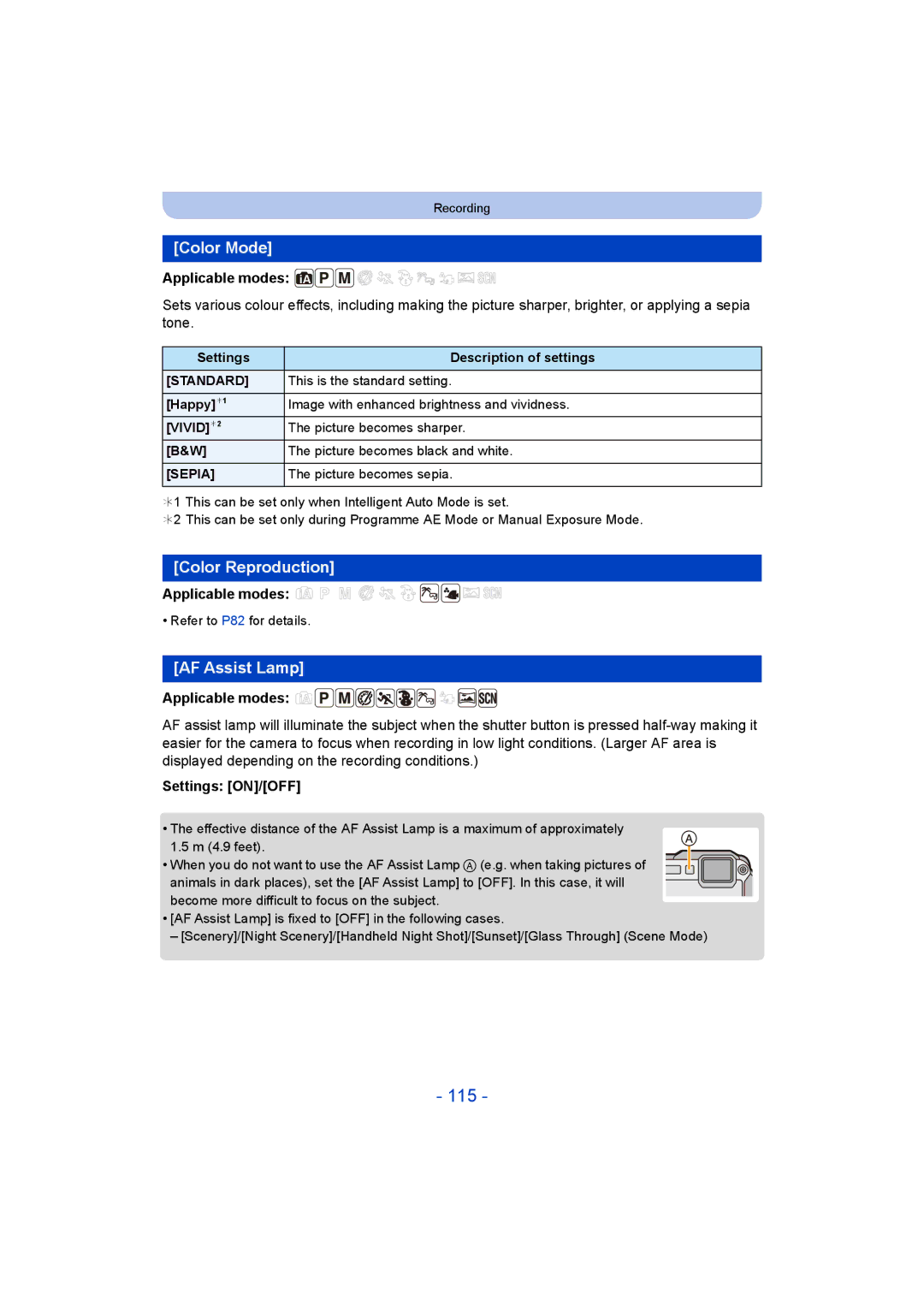 Panasonic DMC-FT5/DMC-TS5 operating instructions 115, Color Mode, Color Reproduction, AF Assist Lamp, Happy¢1 