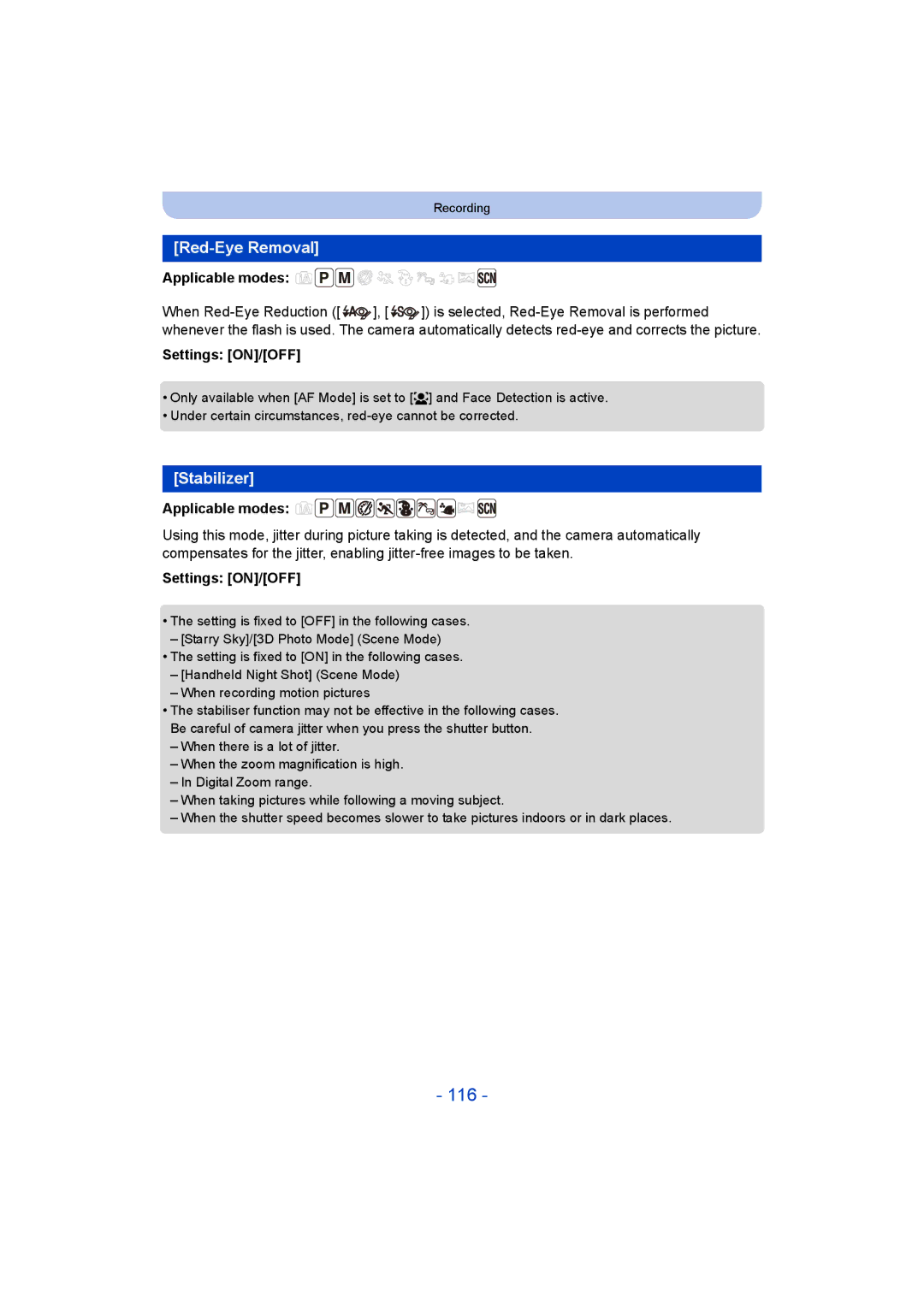 Panasonic DMC-FT5/DMC-TS5 operating instructions 116, Red-Eye Removal, Stabilizer 