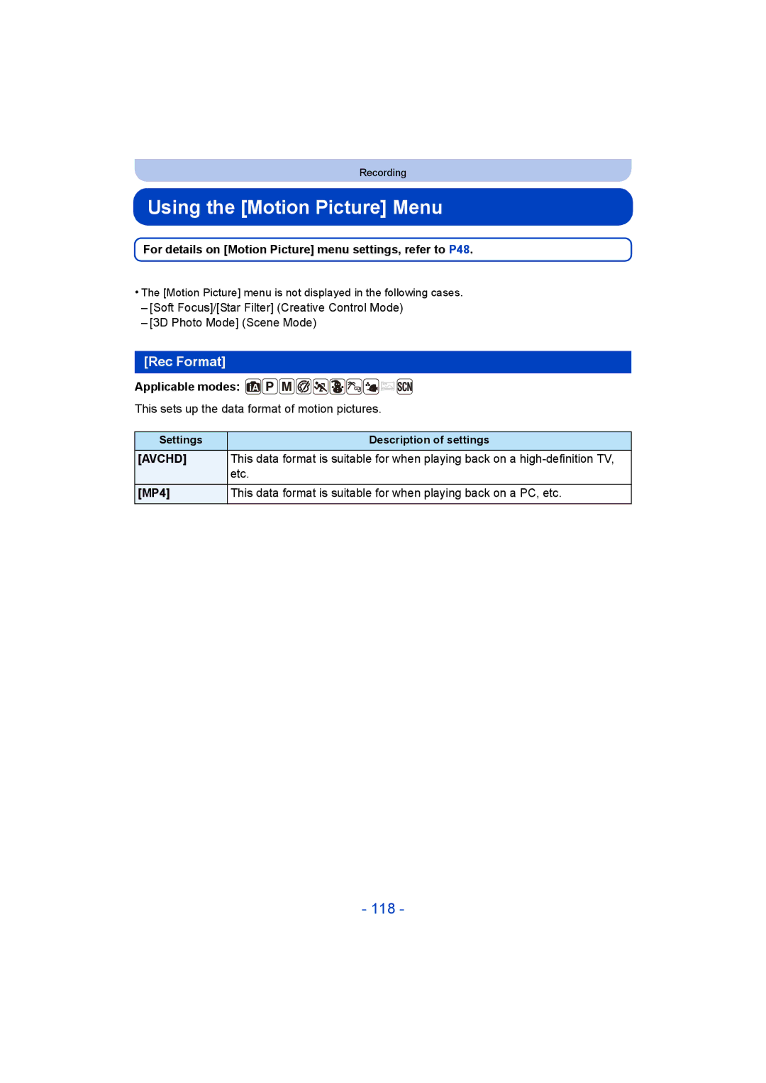 Panasonic DMC-FT5/DMC-TS5 operating instructions Using the Motion Picture Menu, 118, Rec Format 