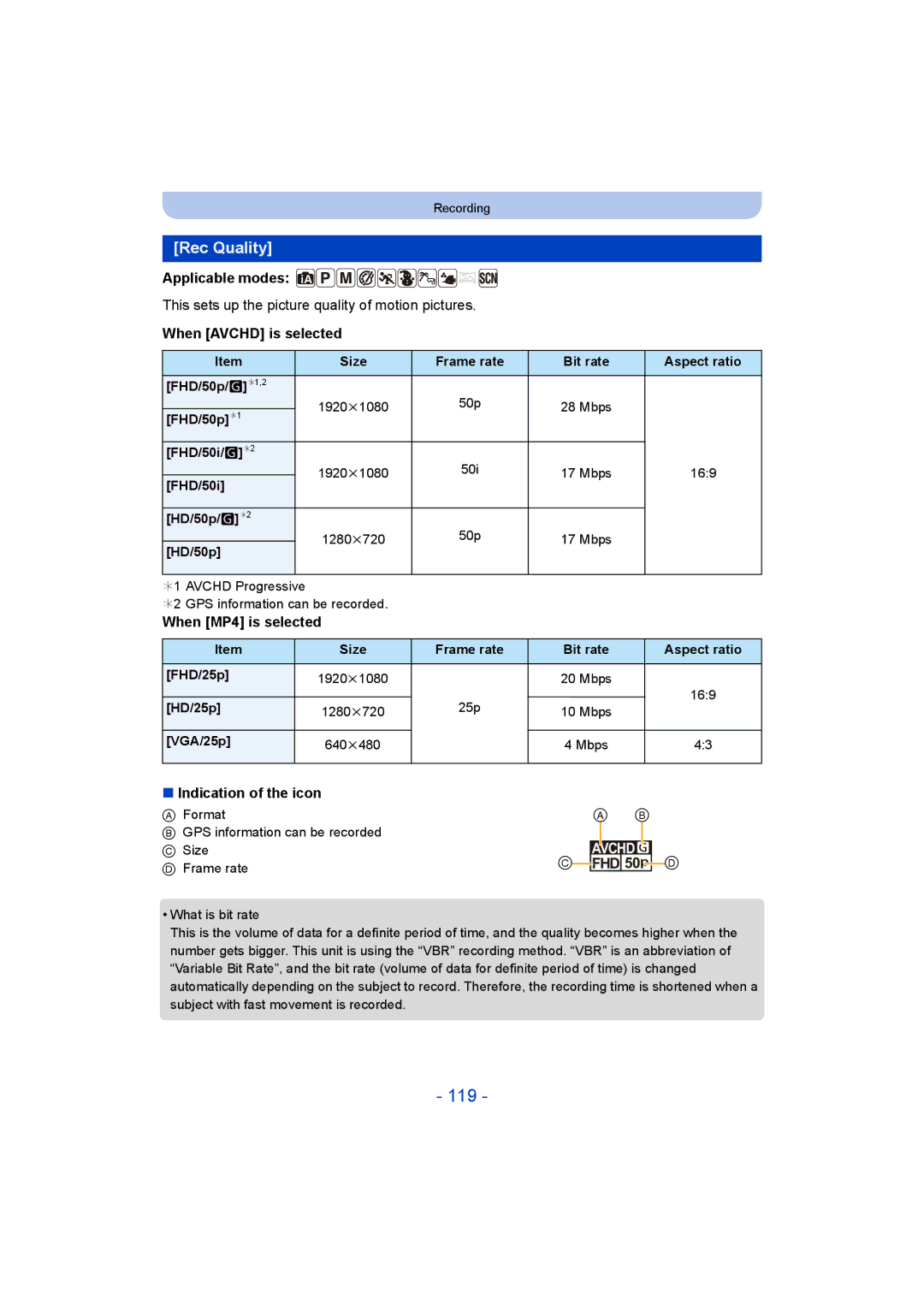 Panasonic DMC-FT5/DMC-TS5 119, Rec Quality, When Avchd is selected, When MP4 is selected, Indication of the icon 