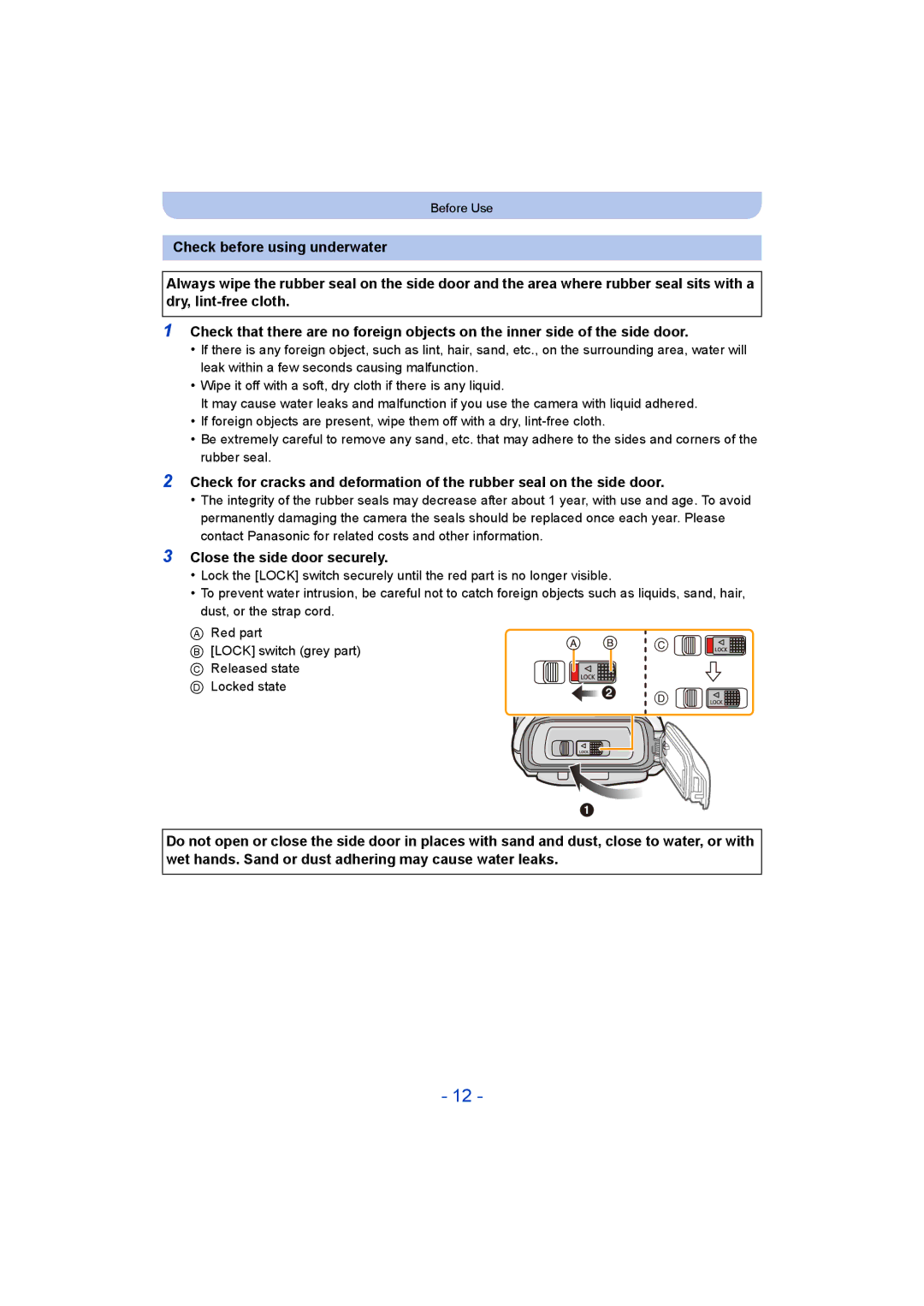 Panasonic DMC-FT5/DMC-TS5 operating instructions Close the side door securely,   