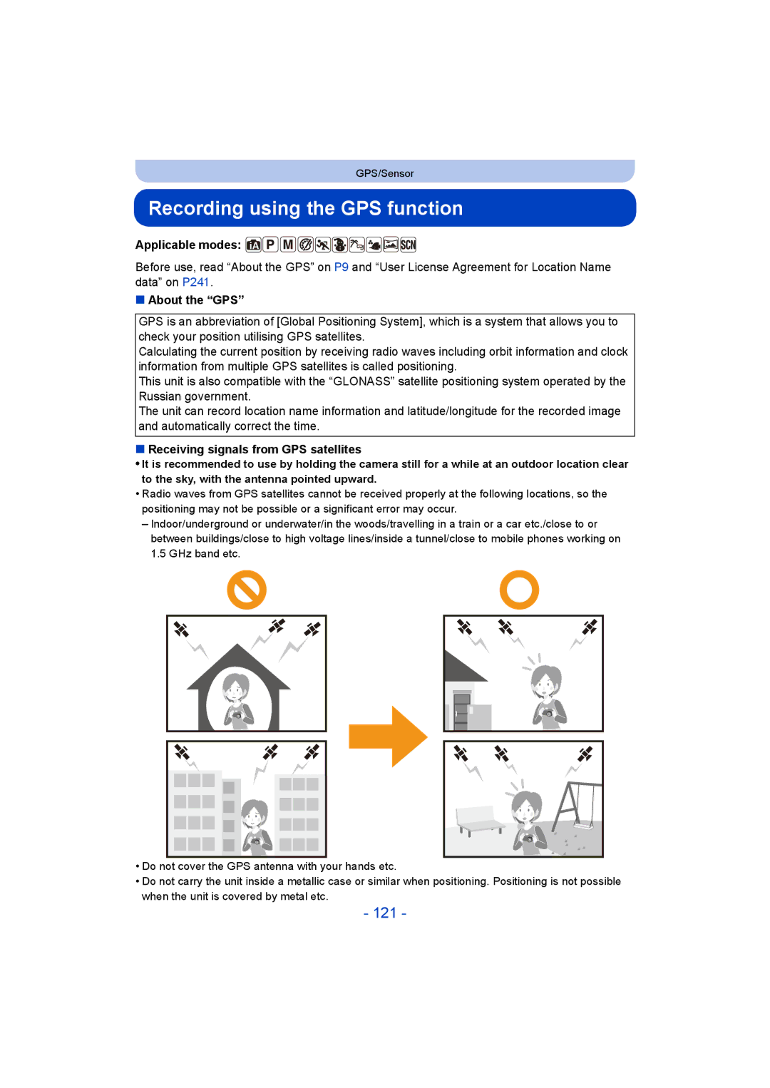 Panasonic DMC-FT5/DMC-TS5 Recording using the GPS function, 121, About the GPS, Receiving signals from GPS satellites 