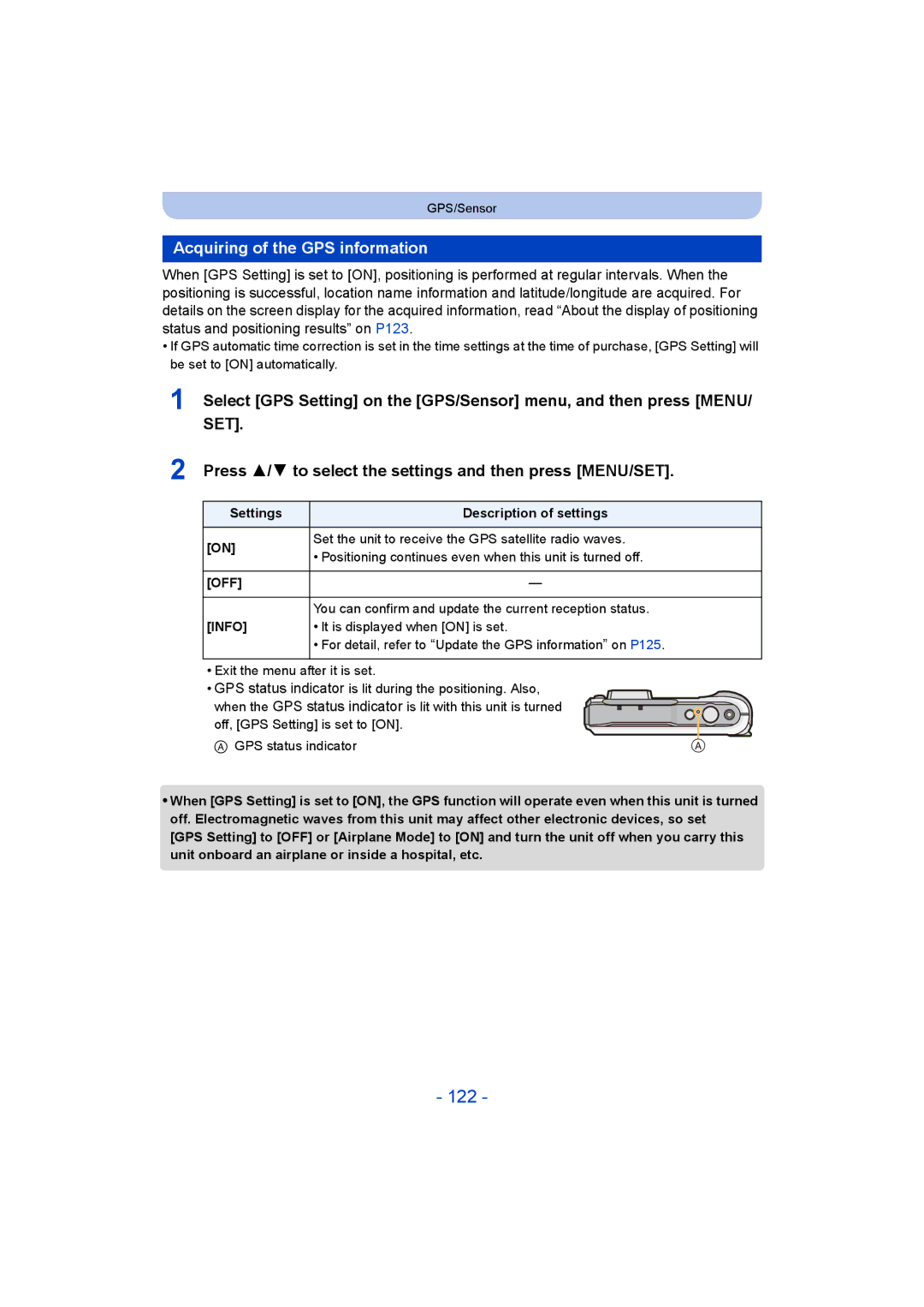 Panasonic DMC-FT5/DMC-TS5 122, Acquiring of the GPS information, You can confirm and update the current reception status 