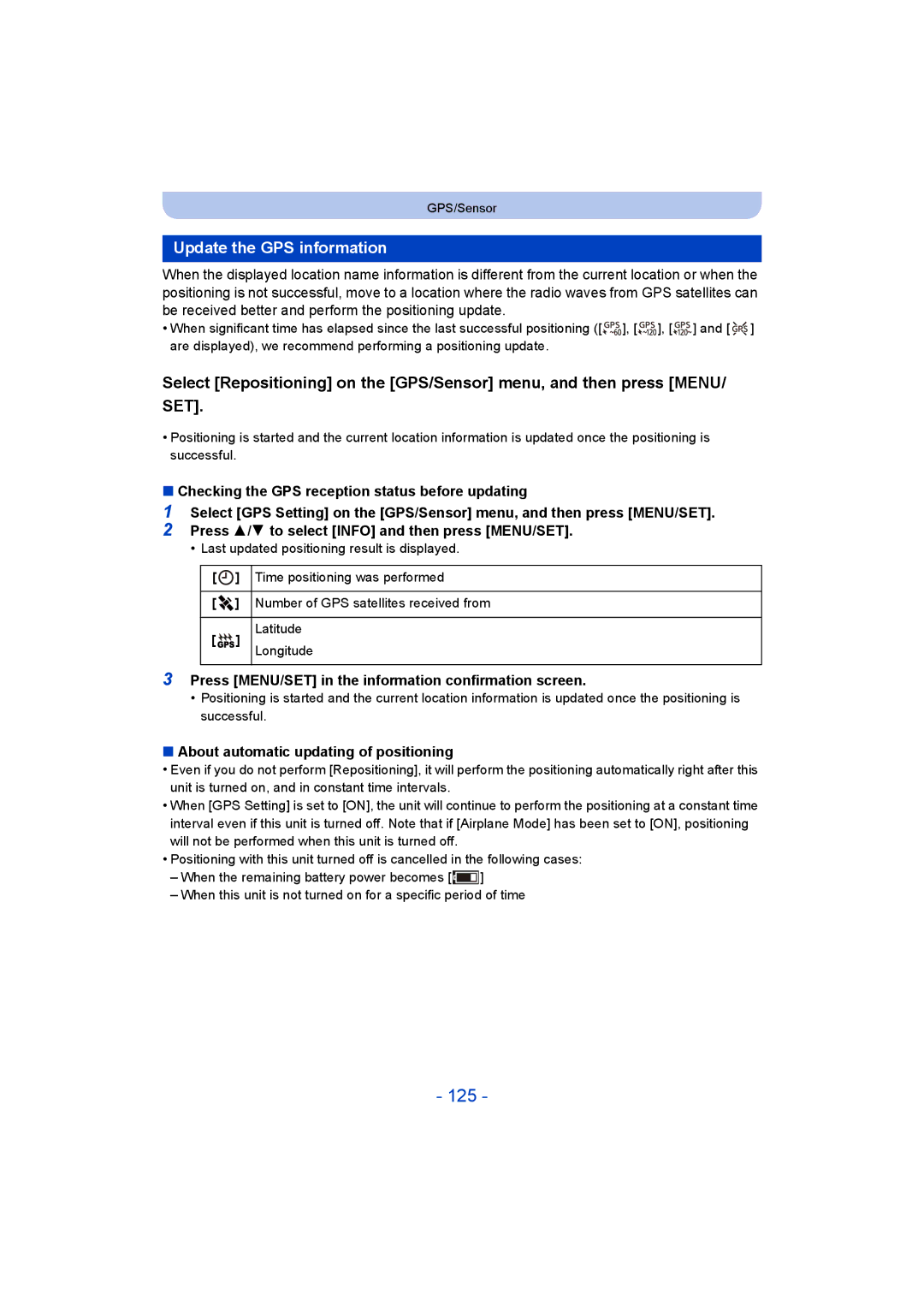 Panasonic DMC-FT5/DMC-TS5 125, Update the GPS information, Press MENU/SET in the information confirmation screen, Latitude 