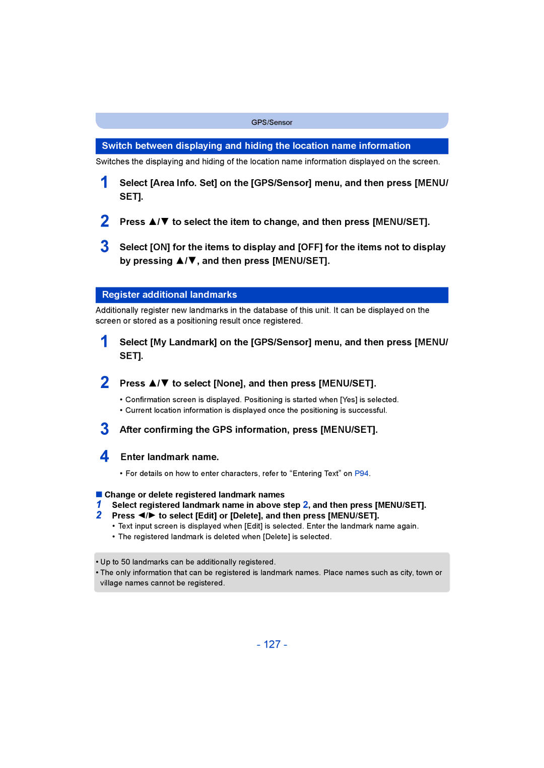 Panasonic DMC-FT5/DMC-TS5 operating instructions 127, Register additional landmarks 