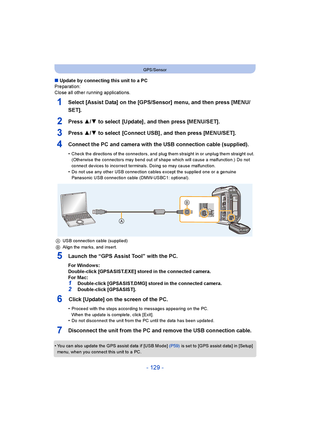 Panasonic DMC-FT5/DMC-TS5 129, Launch the GPS Assist Tool with the PC, Click Update on the screen of the PC 