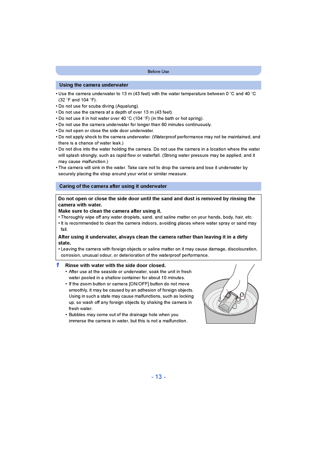 Panasonic DMC-FT5/DMC-TS5 operating instructions Using the camera underwater, Rinse with water with the side door closed 