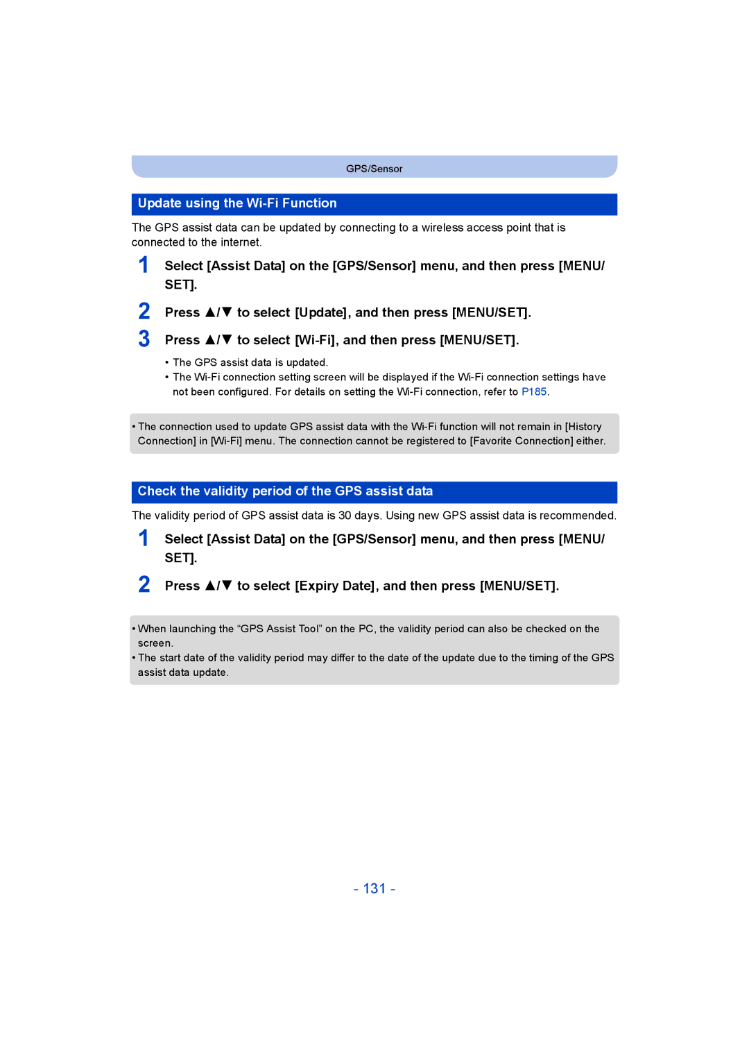 Panasonic DMC-FT5/DMC-TS5 131, Update using the Wi-Fi Function, Check the validity period of the GPS assist data 